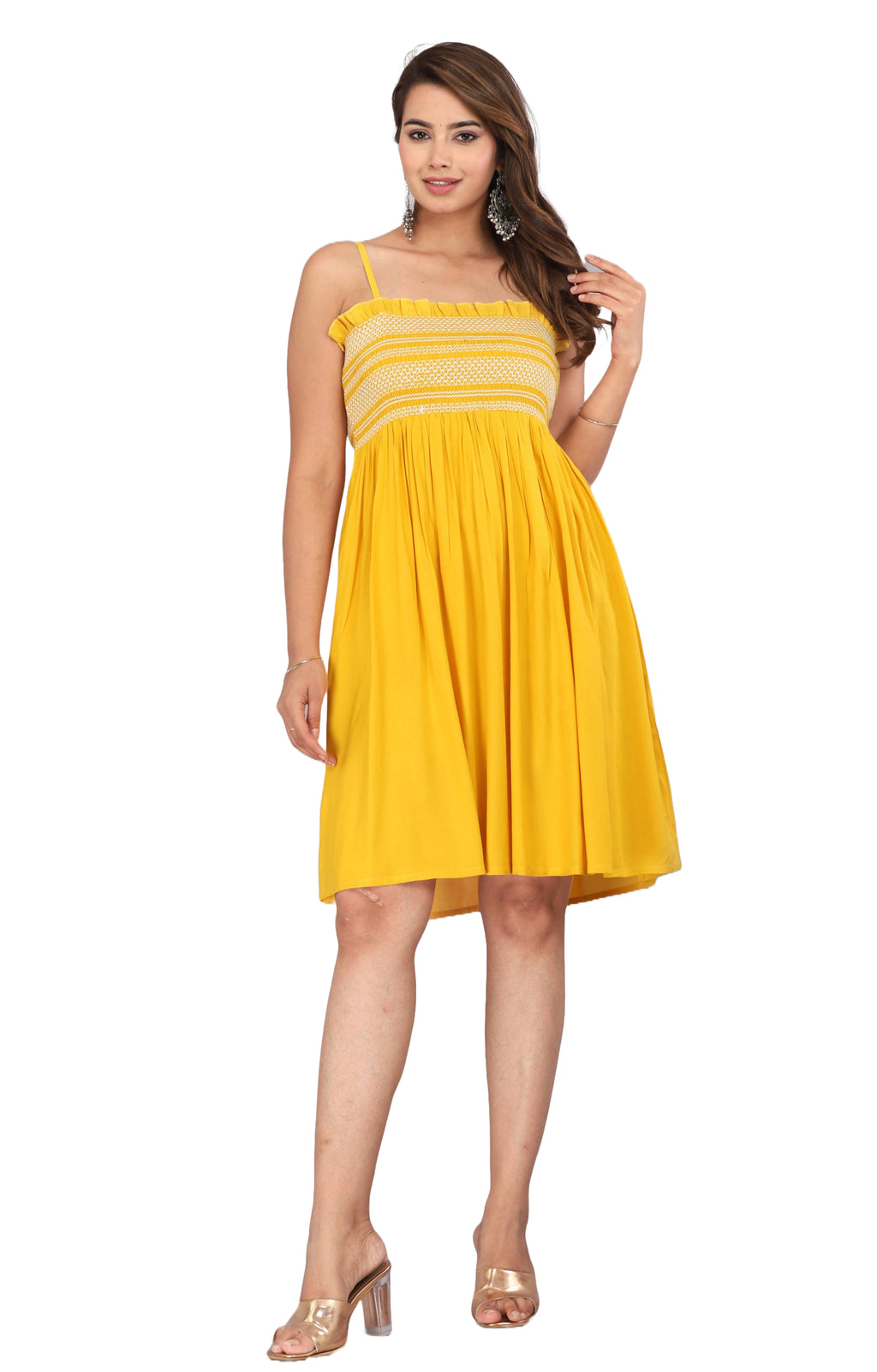 Yellow Smocked Rayon Fit & Flare Western Dress