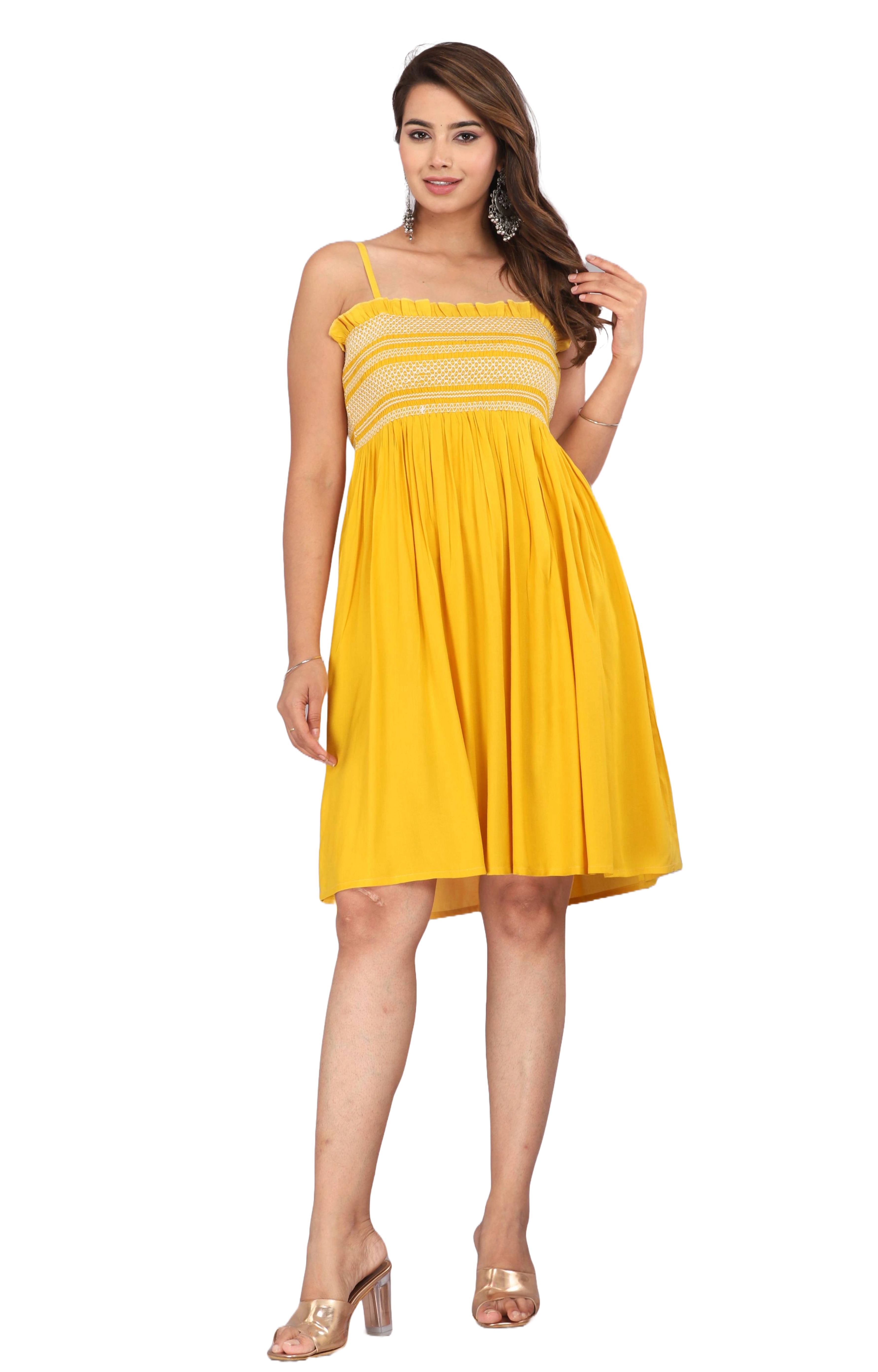 Yellow Smocked Rayon Fit & Flare Western Dress