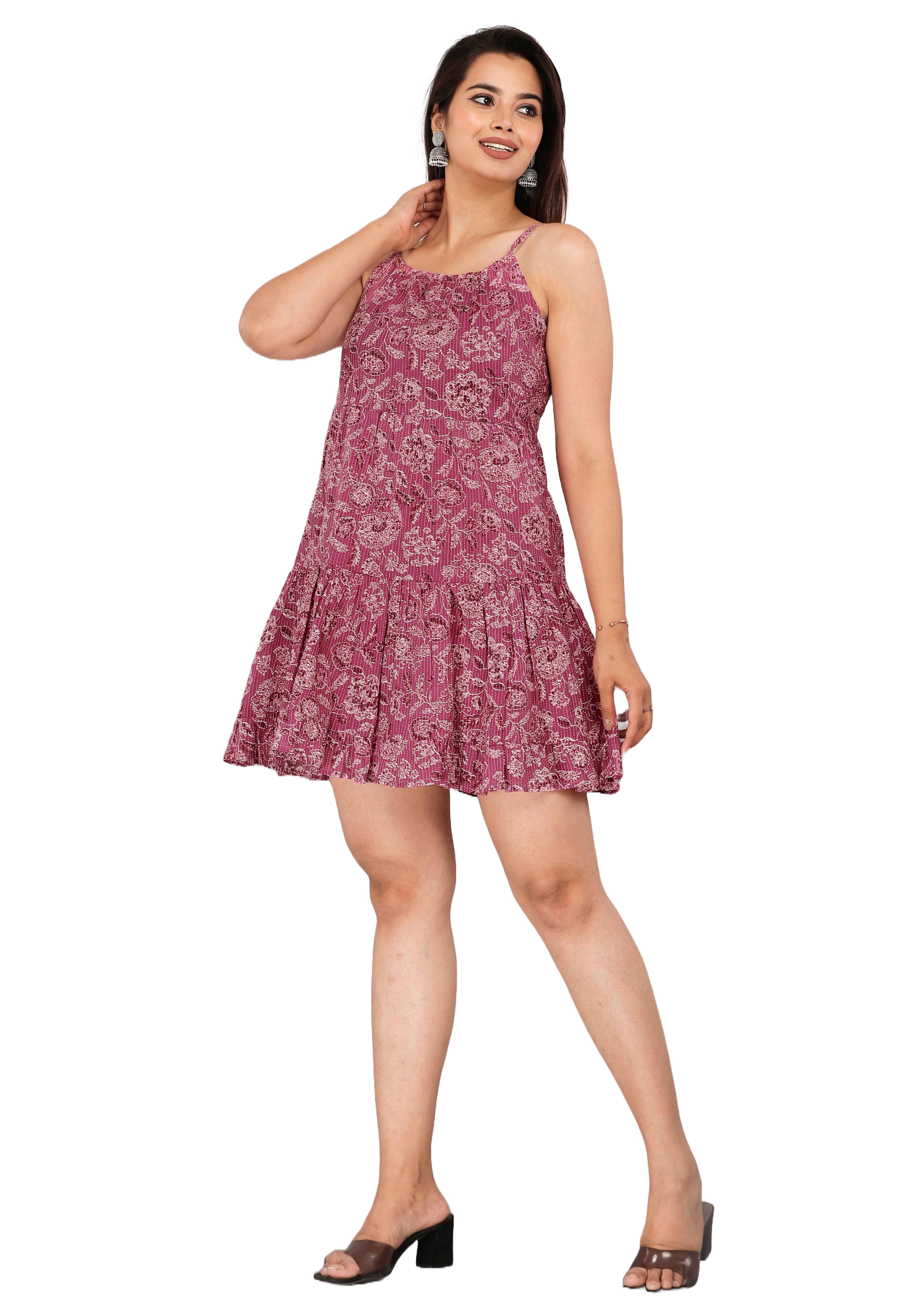 Rose Purple Printed Cotton Tiered Mini Dress