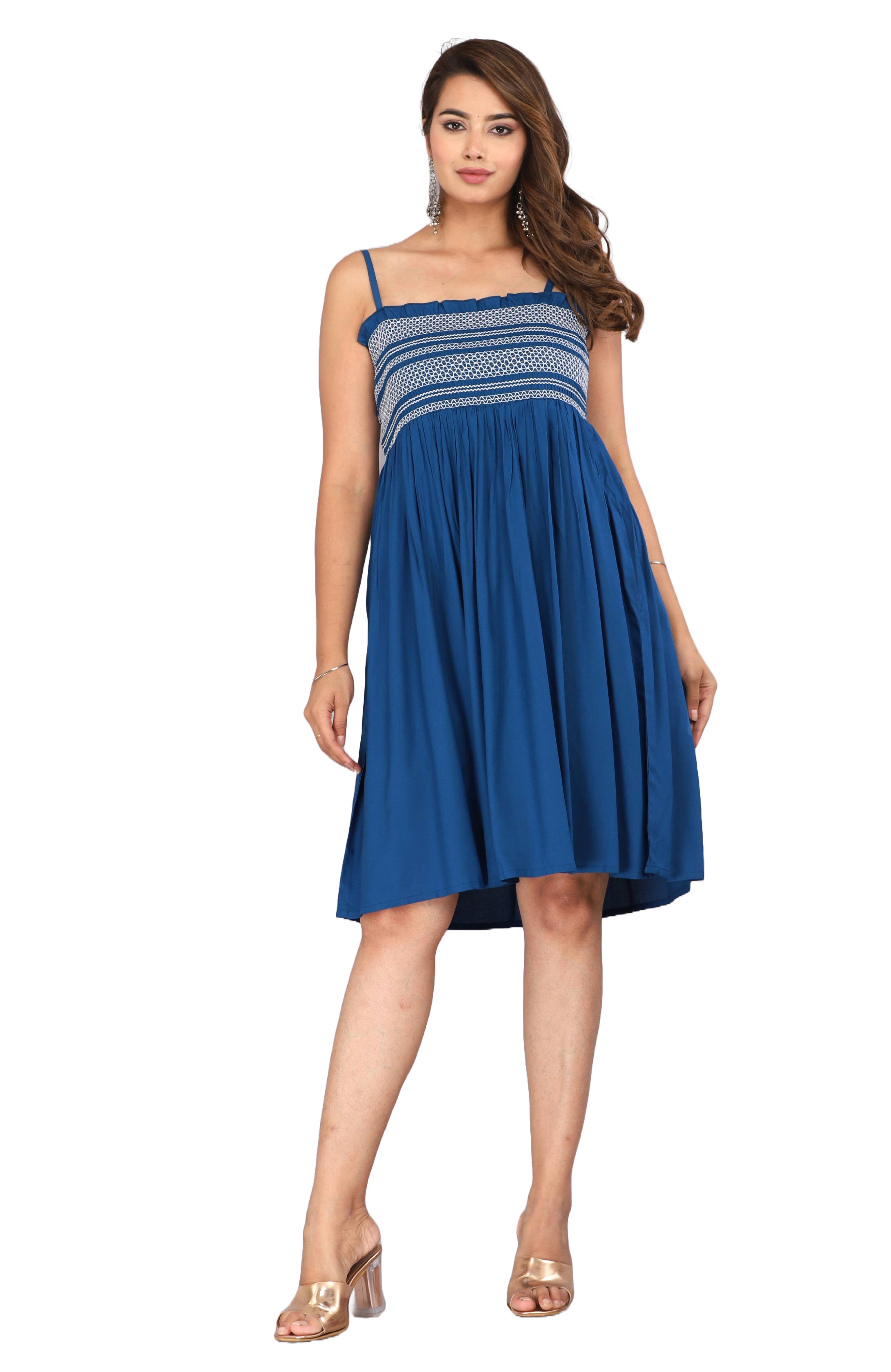 Blue Smocked Rayon Fit & Flare Western Dress