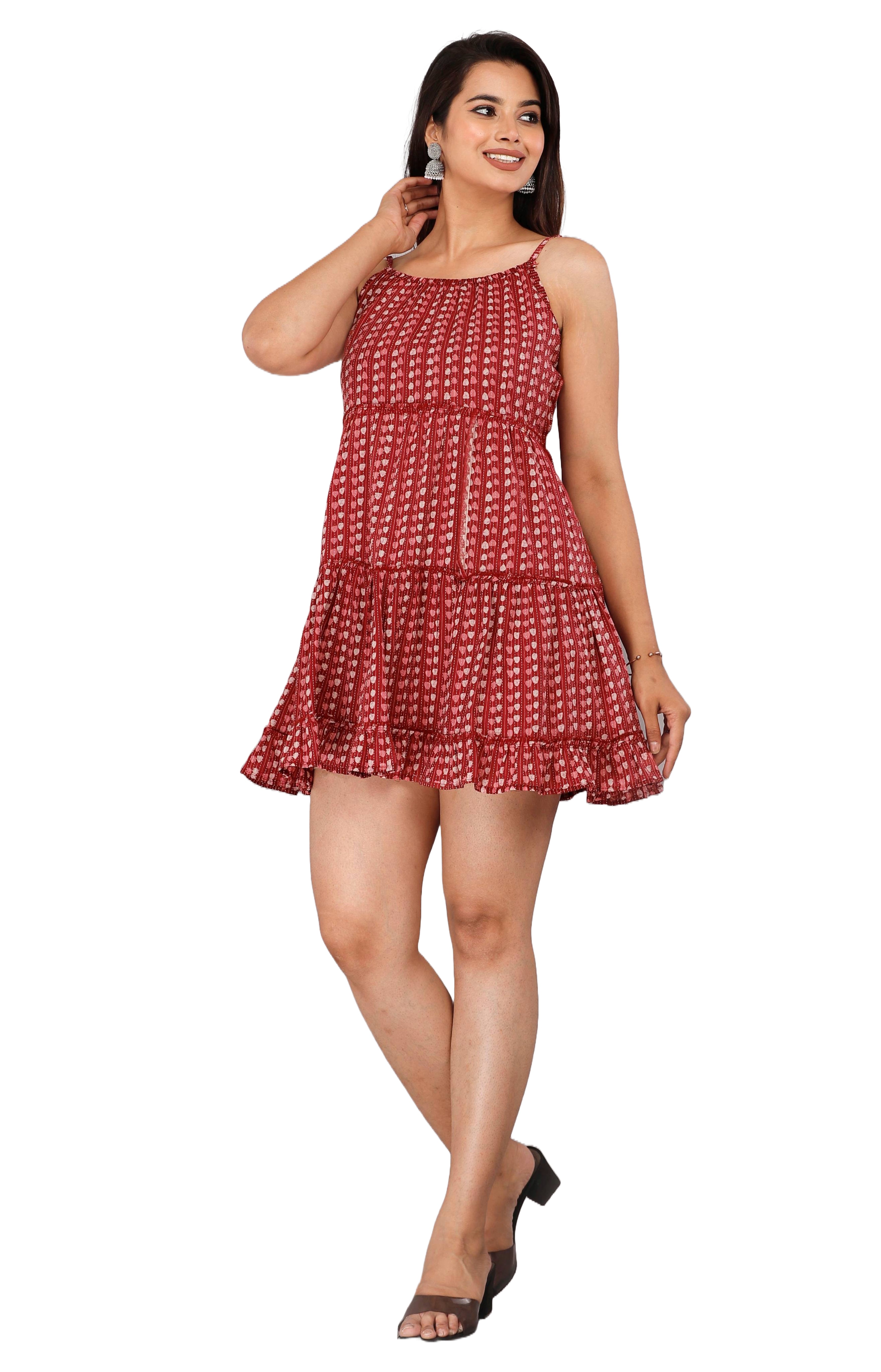 Crimson Red Printed Cotton Tiered Mini Dress