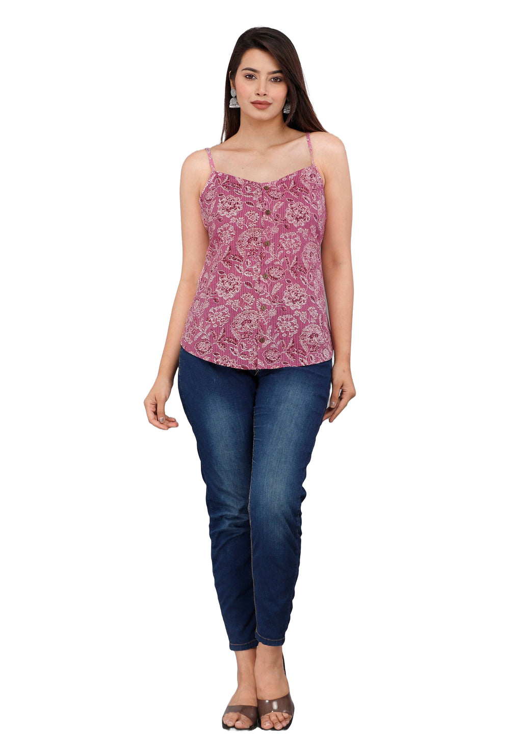 Mauve Floral Printed Cotton Spaghetti Strap Top