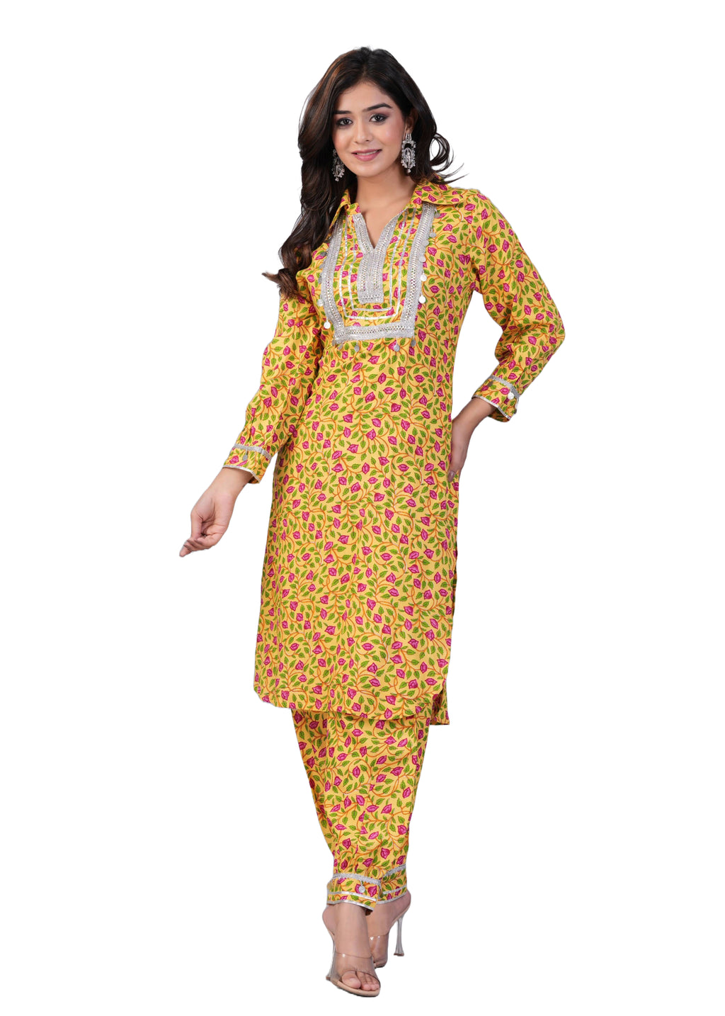 Yellow Floral Printed Rayon Mirror Work Pathani Suit Set