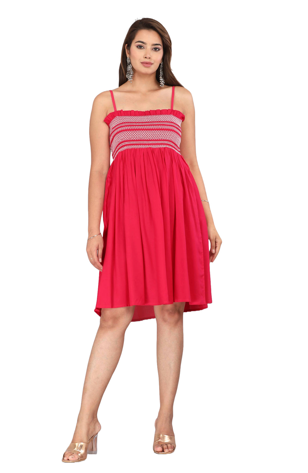 Red Smocked Rayon Fit & Flare Western Dress