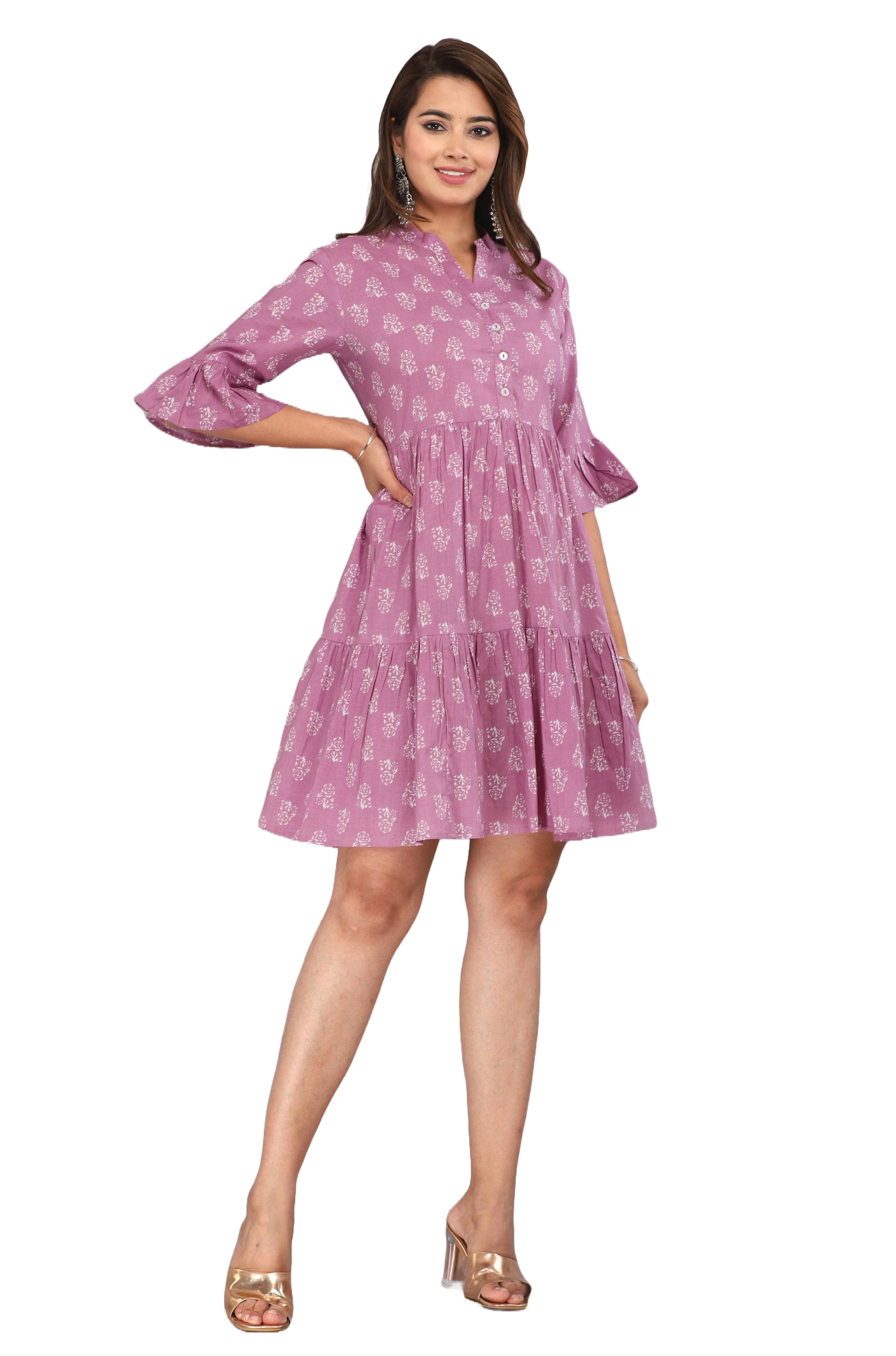 Lavender Handblock Printed Tiered Cotton Short Dress