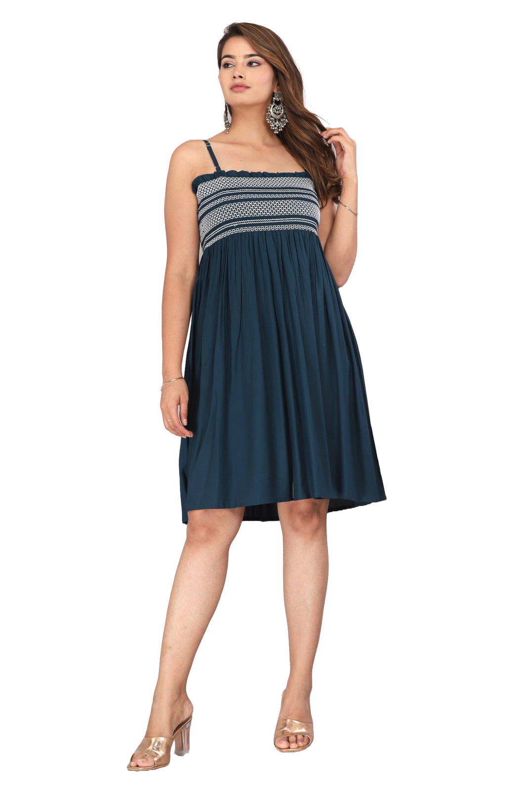 Navy Blue Smocked Rayon Fit &amp; Flare Western Dress