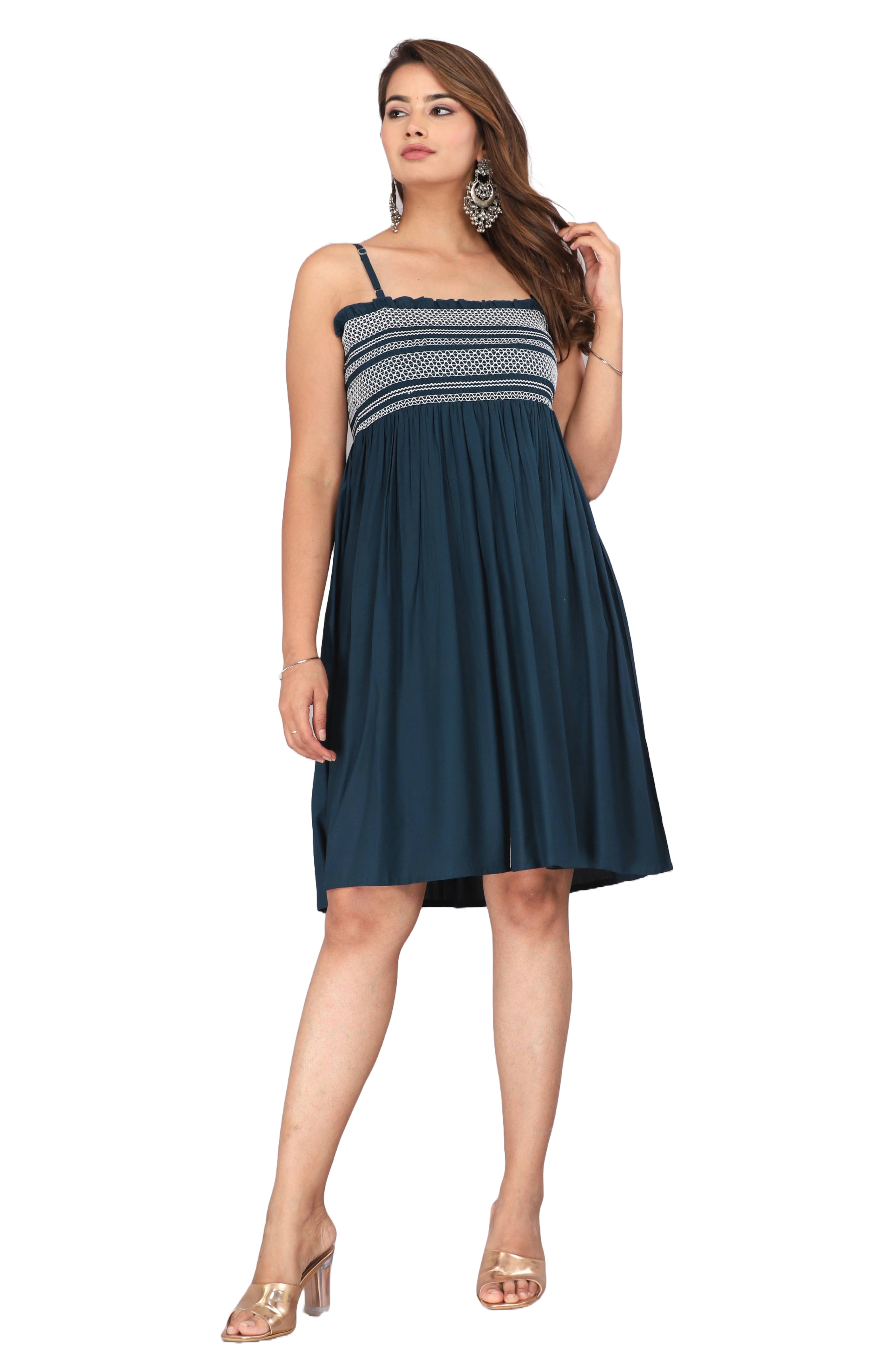 Navy Blue Smocked Rayon Fit &amp; Flare Western Dress