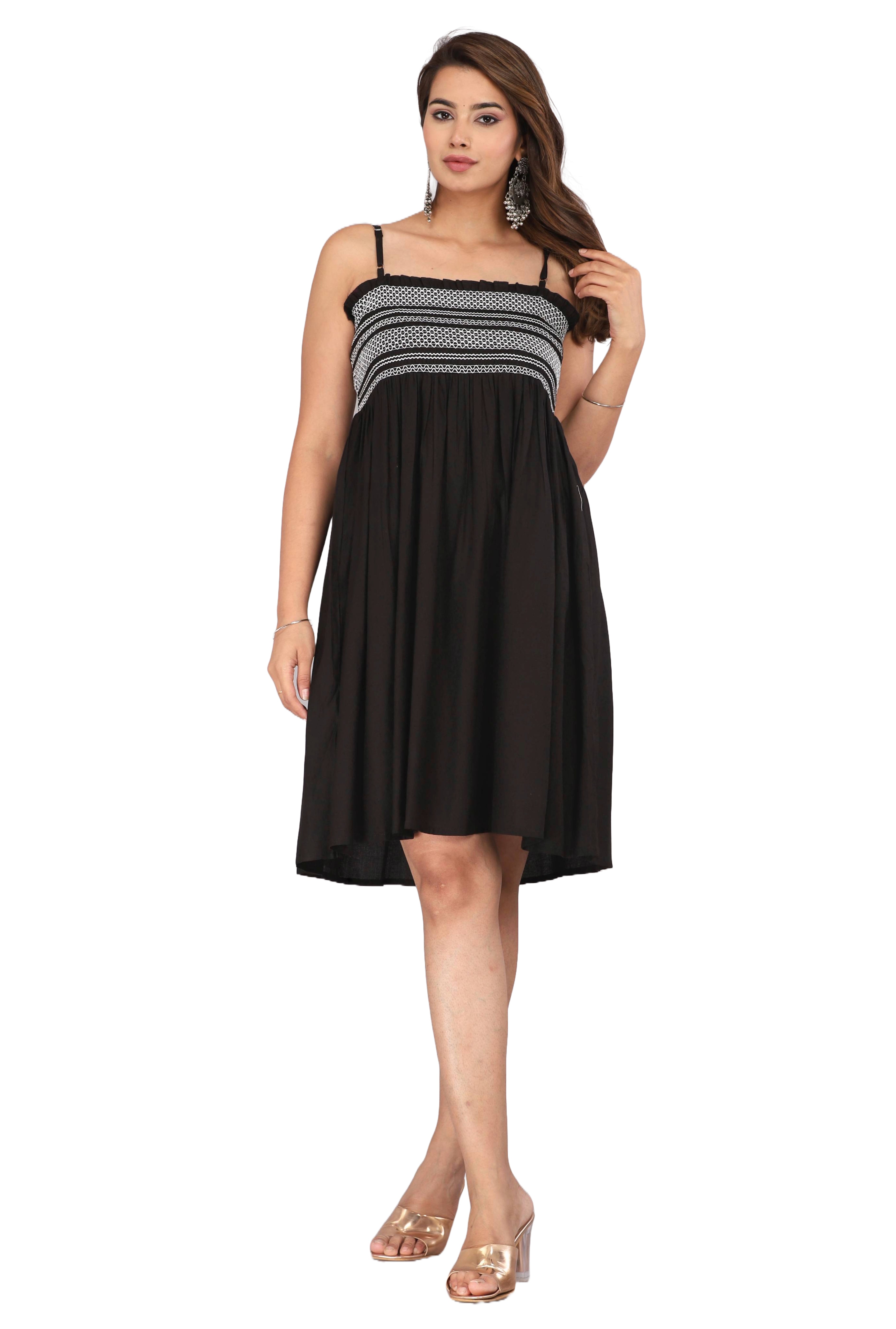 Black Smocked Rayon Fit & Flare Western Dress