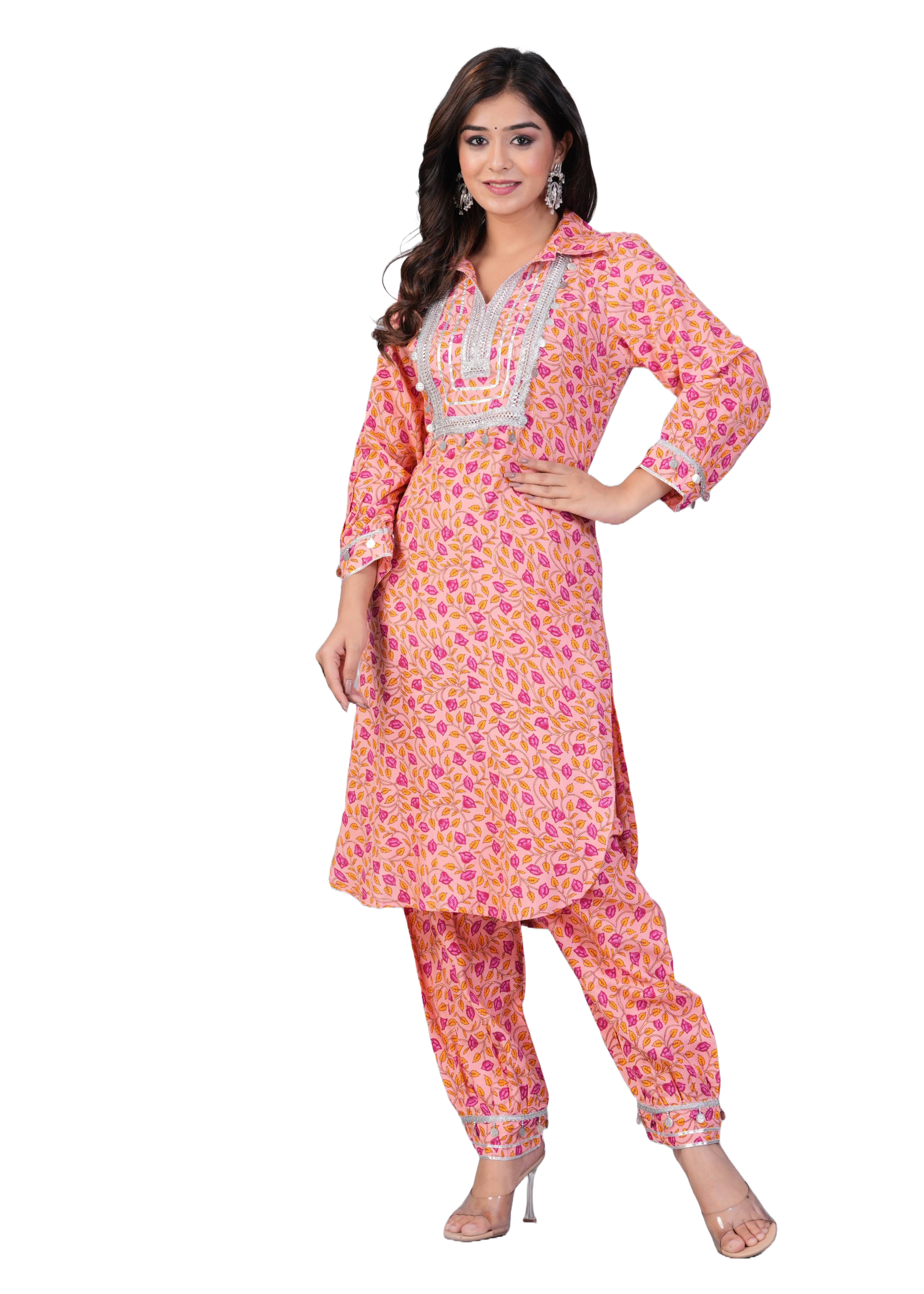 Peach Pink Leaf Print Mirror Work Rayon Pathani Suit Set