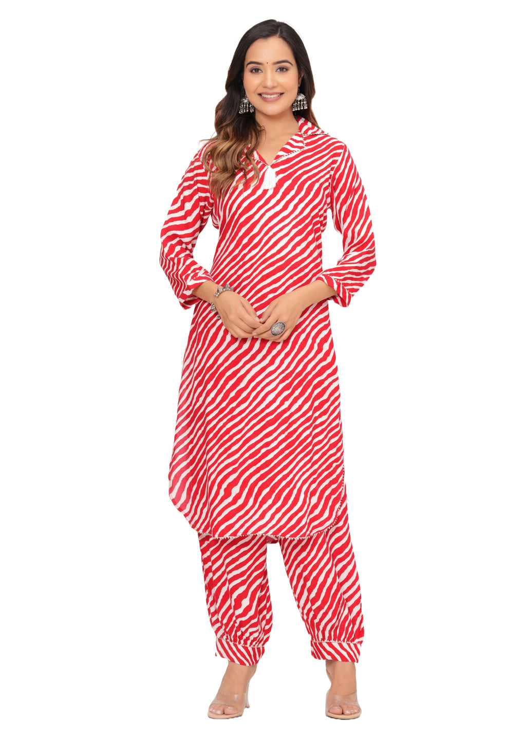 Red &amp; White Zig-Zag Print Pathani Suit Set