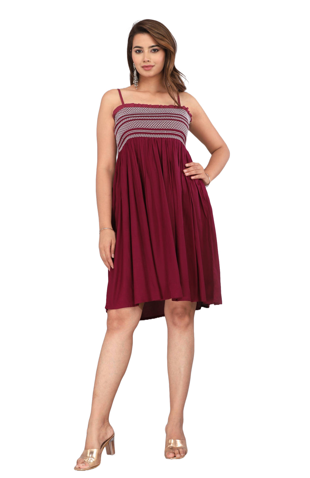 Wine Smocked Rayon Fit & Flare Western Dress